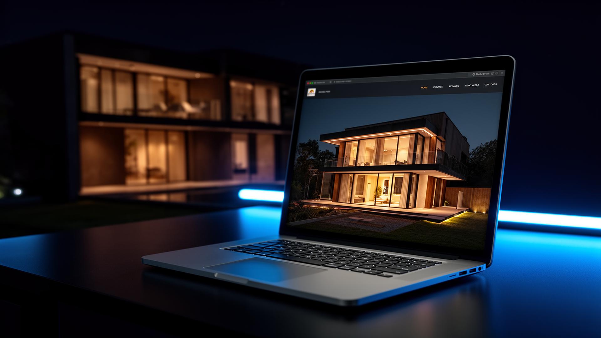 Modern luxury home with laptop displaying its website
